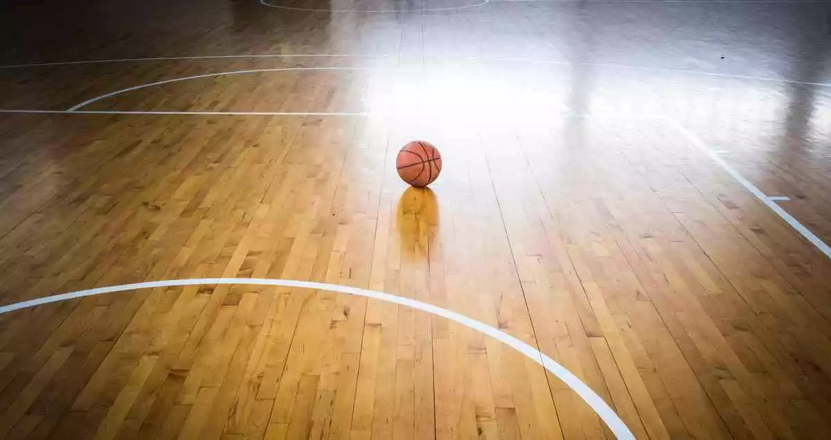 A basketball on a basketball court